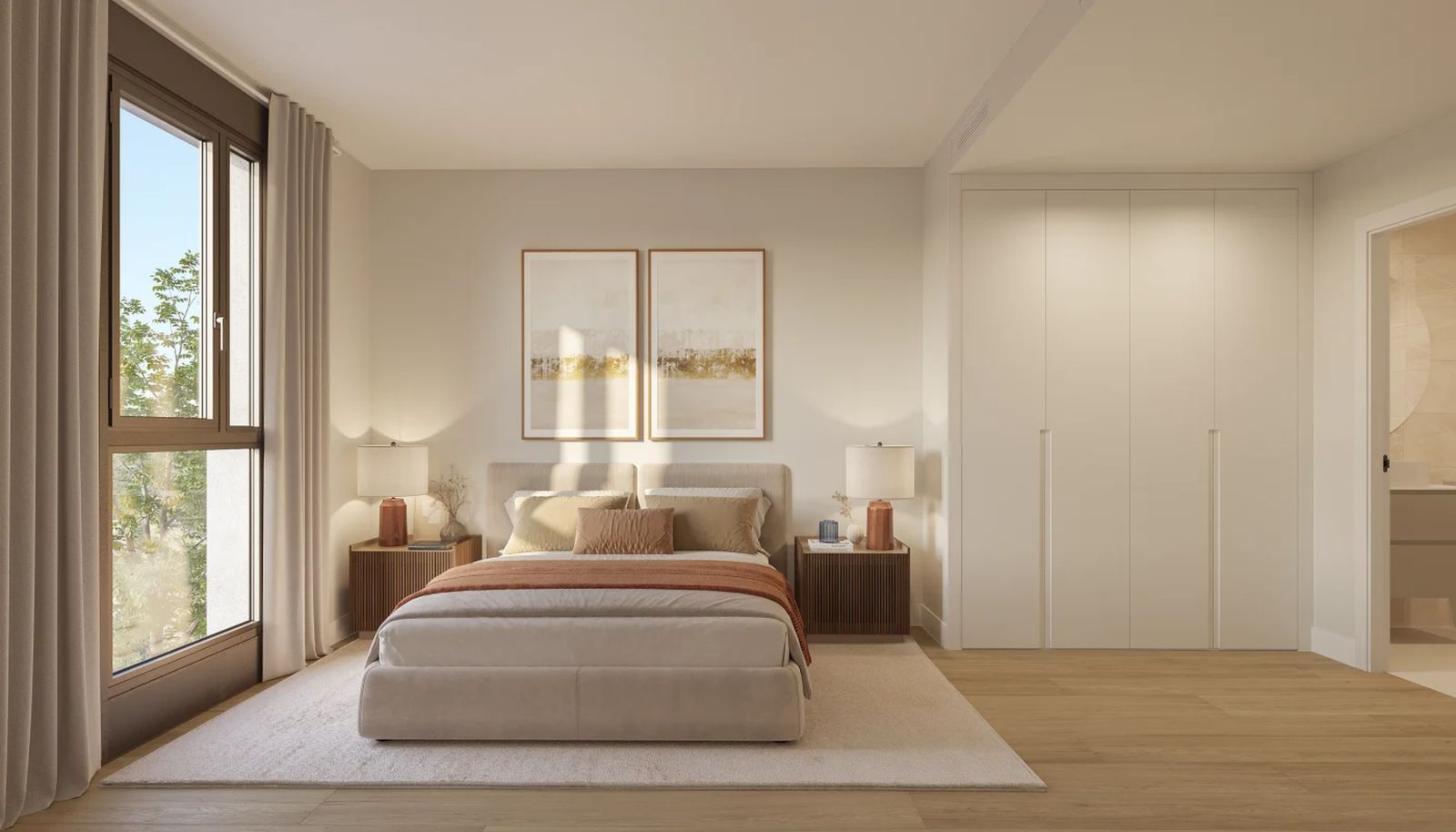 Moderne slaapkamer interieur met groot bed en natuurlijk licht