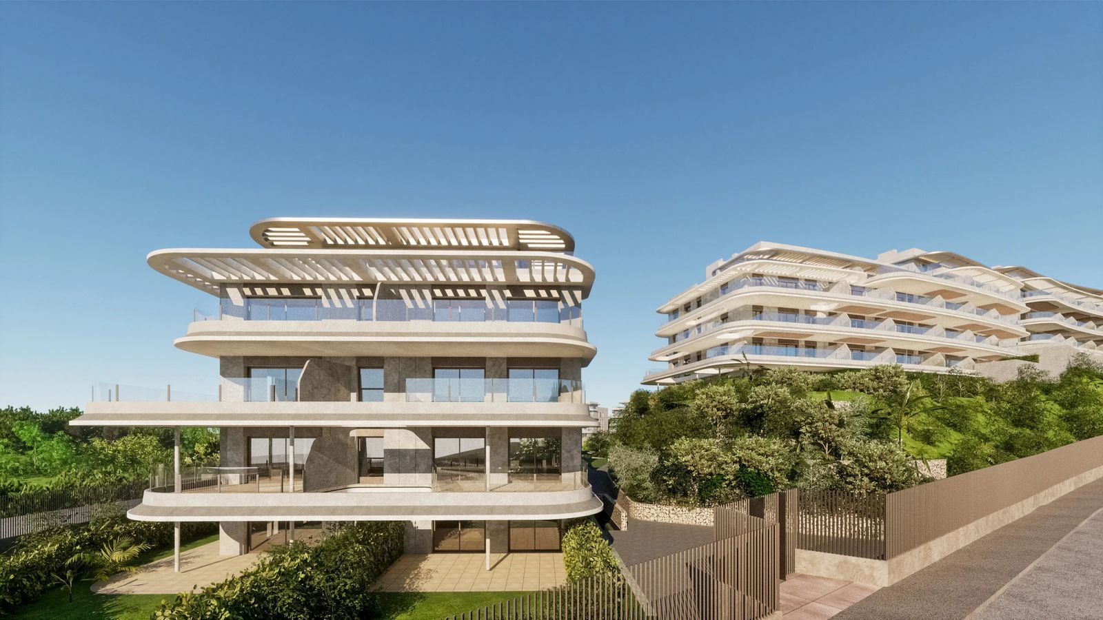 Buitenaanzicht van The Kove gebouwen met uniek ontwerp.