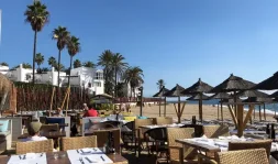 Strandrestaurant in Mijas met uitzicht op zee en palmbomen